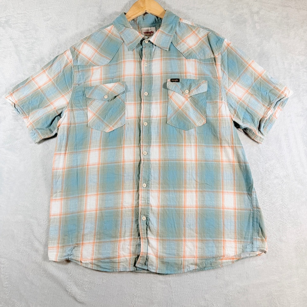 Wrangler Mens XL Short Sleeve Plaid Western Button Up Shirt Teal Orange Cotton